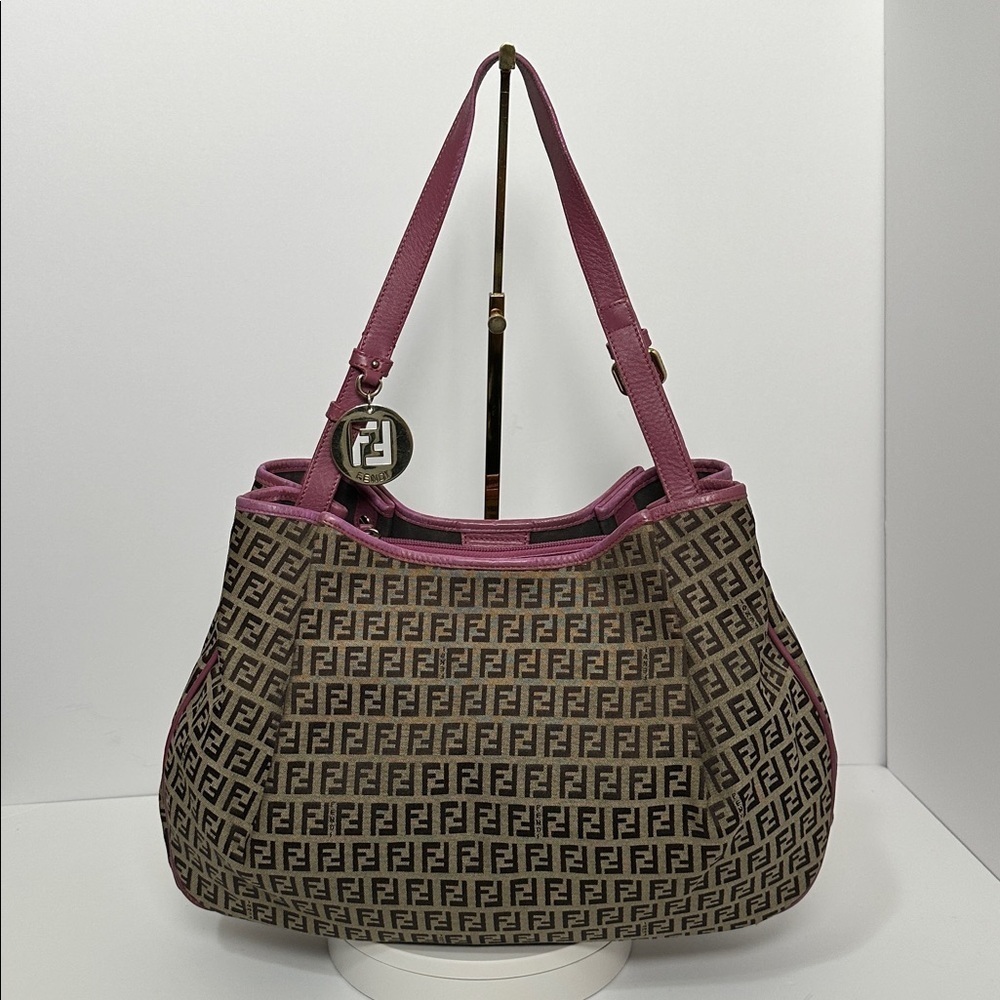 💯Authentic Fendi Zucchino Canvas and Leather Charm Shoulder Bag🍀